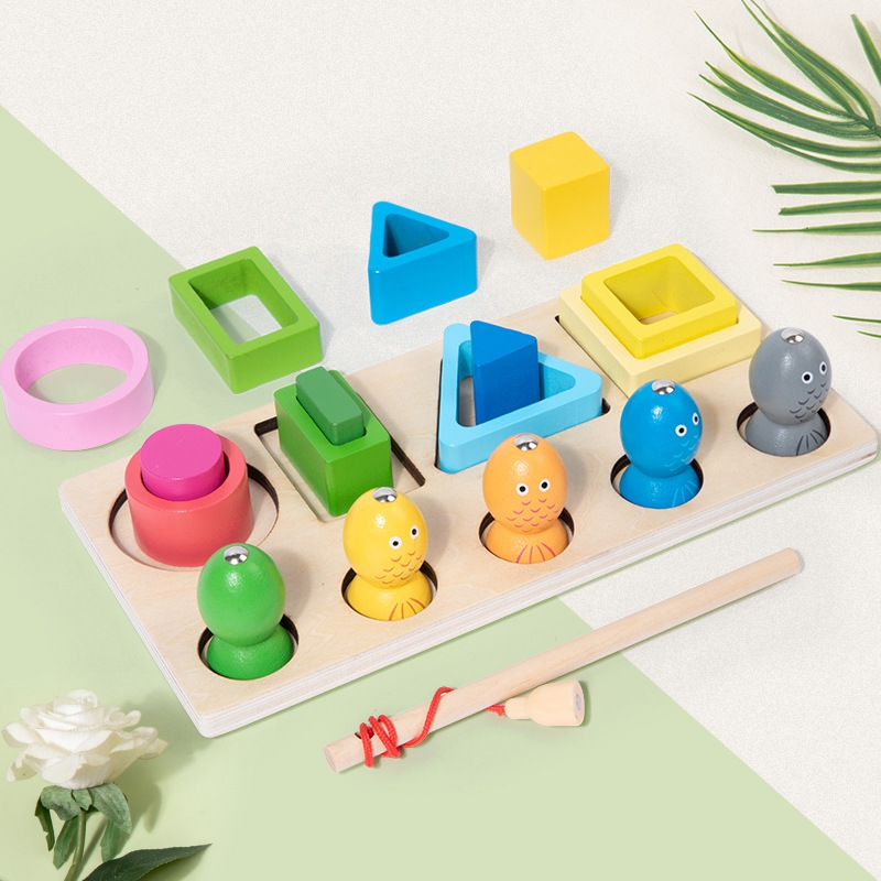 Montessori sensory geometry column panel fishing 2-in-1